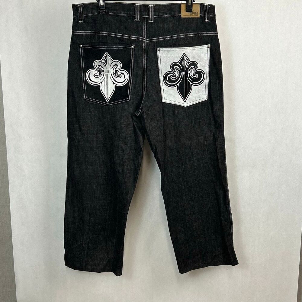 ubug Denim Jeans Sz 40 x 28 HEMMED Black Gray Fleur De Lis Y2K White Stitching